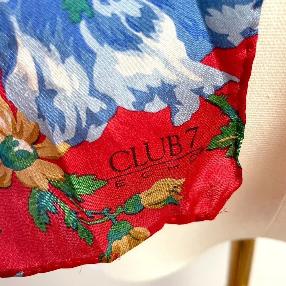 Long Silk Scarf Rectangle Floral Red Blue Cottagecore Romantic Parisian‎